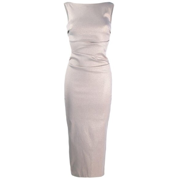 🆕TALBOT RUNHOF Sonet Midi Dress Metallic Cream 2 - Picture 7 of 12